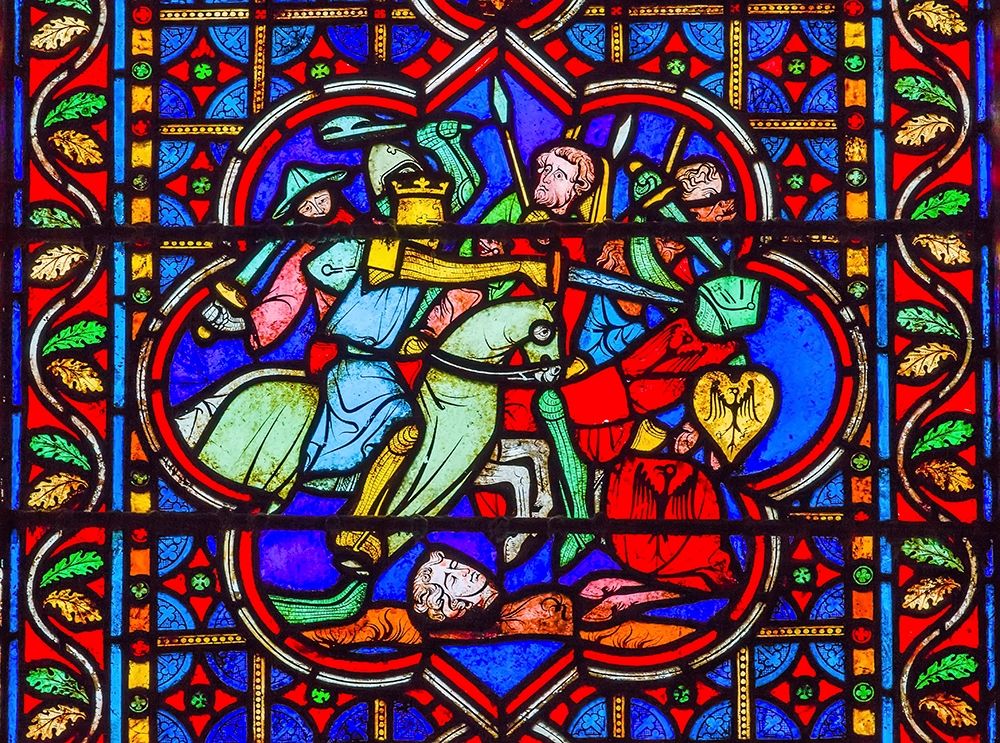 Knights Fighting Swords Horses Battle War stained glass-Notre Dame Cathedral-Paris-France